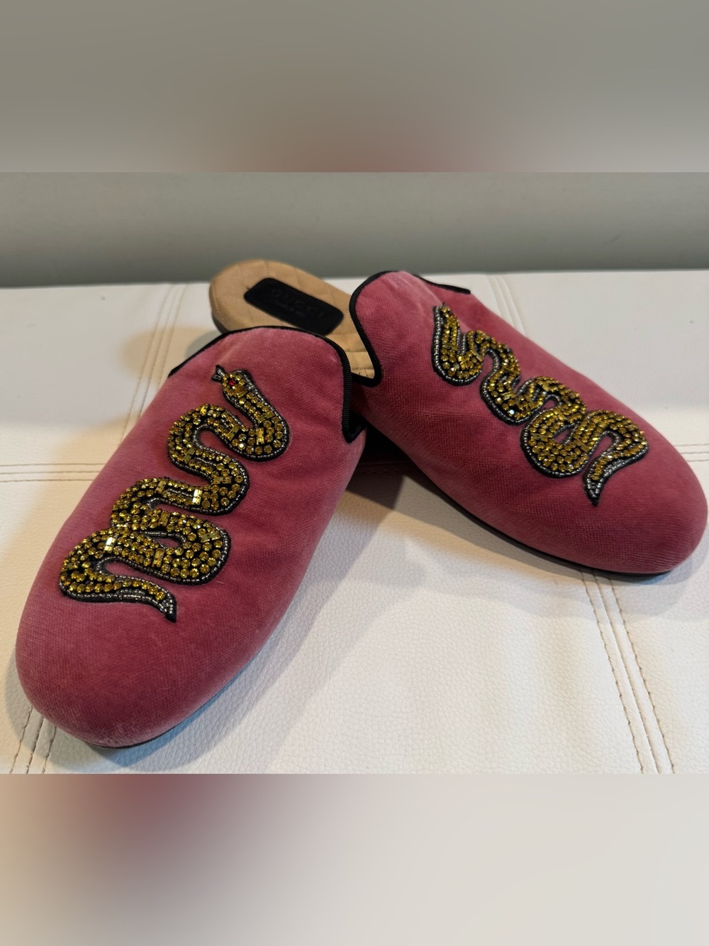 Gucci Pink Velvet Crystal Snake Slip-On Mules